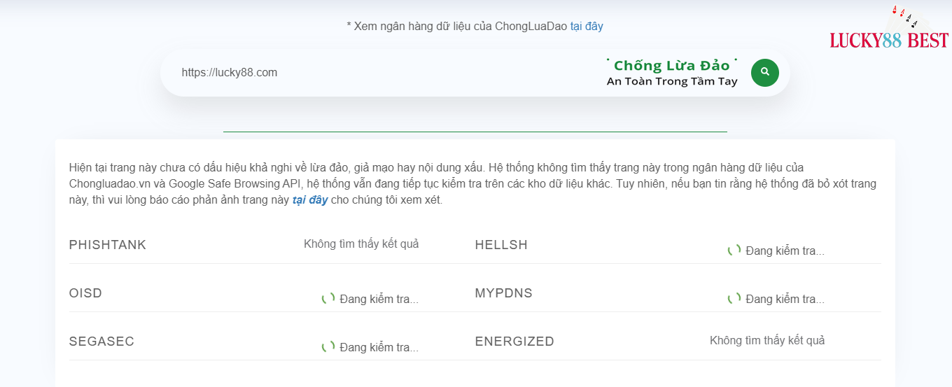 Kiểm tra domain lucky88.com uy tín qua chongluadao